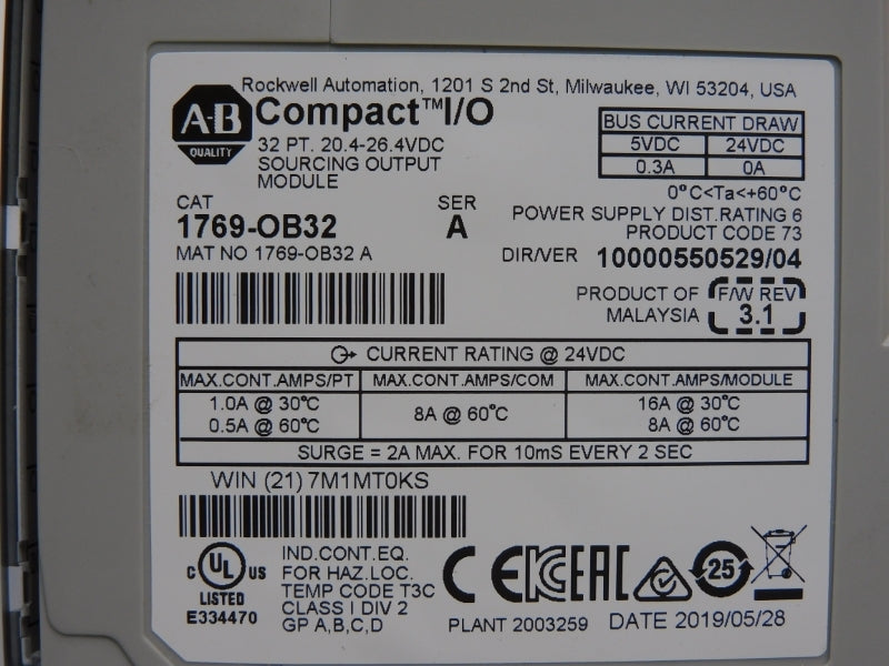 ALLEN BRADLEY 1769-OB32 SER. A F/W 3.1 VER. 04 24VDC 16A NSMP
