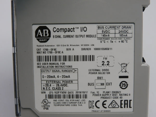 ALLEN BRADLEY 1769-OF8C SER. A F/W 2.2 VER. 11 24VDC NSMP
