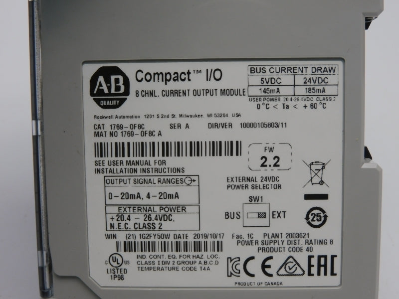 ALLEN BRADLEY 1769-OF8C SER. A F/W 2.2 VER. 11 24VDC NSMP