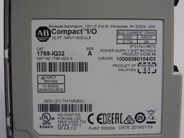 ALLEN BRADLEY 1769-IQ32 SER. A F/W 3.1 VER. 03 24VDC 0.17A NSMP