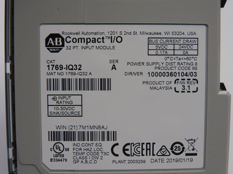 ALLEN BRADLEY 1769-IQ32 SER. A F/W 3.1 VER. 03 24VDC 0.17A NSMP