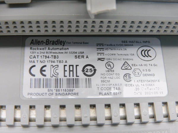 ALLEN BRADLEY 1794-TB3 SER. A 125V 10A NSMP