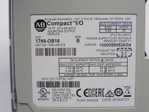 ALLEN BRADLEY 1769-OB16 SER. B F/W 3.1 VER. 04 24VDC 8A NSMP
