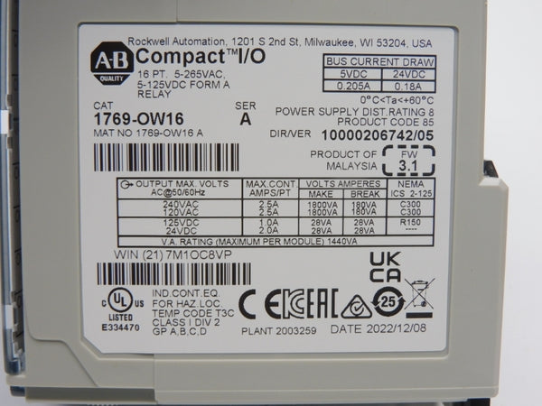 ALLEN BRADLEY 1769-OW16 SER. A F/W 3.1 VER. 05 5-265VAC 2.5A NSNP