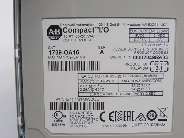 ALLEN BRADLEY 1769-OA16 SER. A F/W 3.1 VER. 03 120/240VAC 4A NSMP