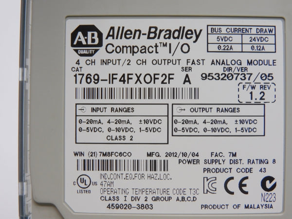 ALLEN BRADLEY 1769-IF4FXOF2F SER. A F/W 1.2 VER. 05 24VDC (NO TERMINAL) UNMP