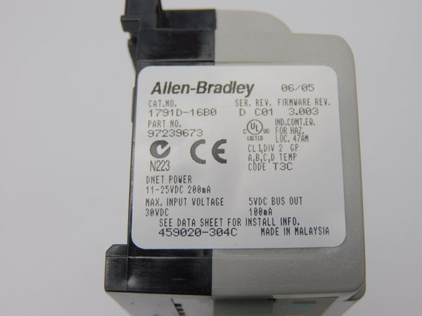 ALLEN BRADLEY 1791D-16B0 SER. D F/W 3.003 REV. C01 30VDC (NO CONNECTOR) NSNP