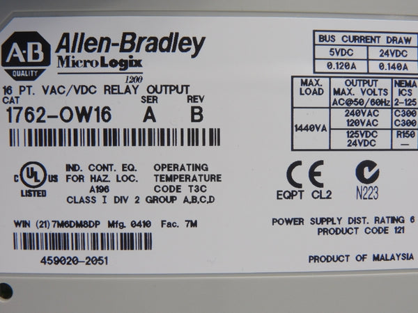ALLEN BRADLEY 1762-OW16 SER. A REV. B 240VAC 0.140A NSNP