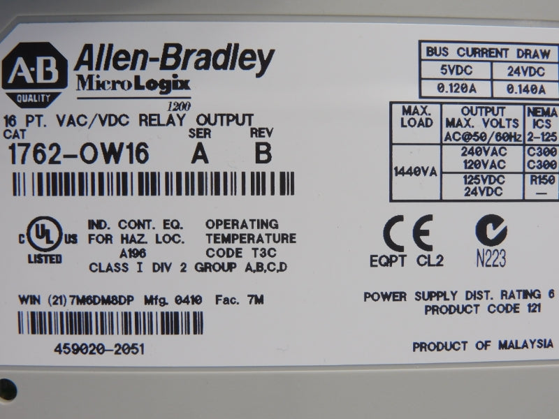 ALLEN BRADLEY 1762-OW16 SER. A REV. B 240VAC 0.140A NSNP