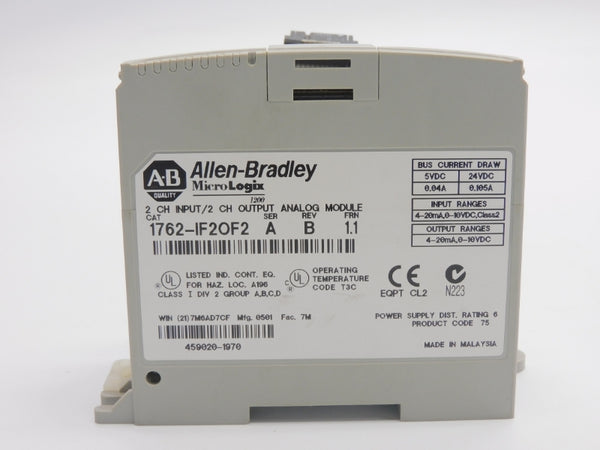ALLEN BRADLEY 1762-IF2OF2 SER. A F/W 1.1 REV. B 24VDC 0.105A UNMP
