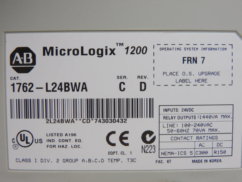 ALLEN BRADLEY 1762-L24BWA SER. C F/W 7 REV. D 100-240VAC ( NO COVER) UNMP