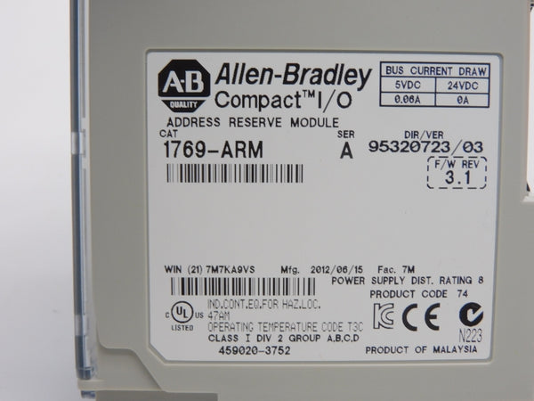 ALLEN BRADLEY 1769-ARM SER. A F/W 3.1 VER. 03 24VDC 0.06A NSNP