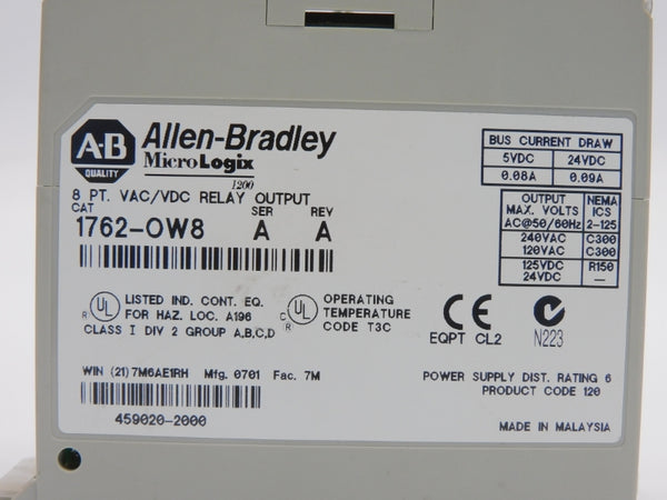ALLEN BRADLEY 1762-OW8 SER. A REV. A 240VAC 0.09A NSNP