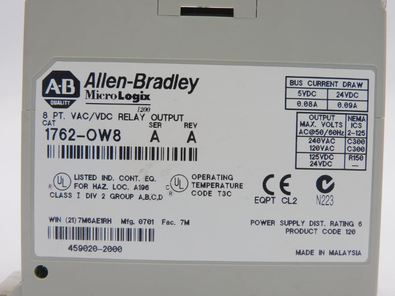 ALLEN BRADLEY 1762-OW8 SER. A REV. A 240VAC 0.09A NSNP