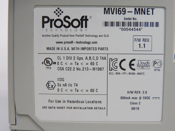 PROSOFT MVI69-MNET F/W 1.1 REV. 2.0 5VDC UNMP