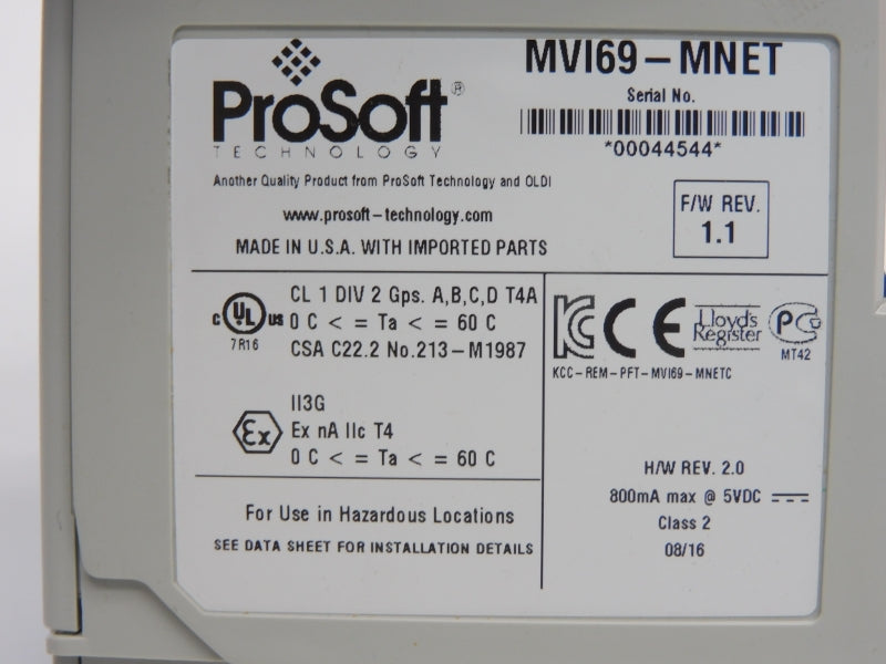 PROSOFT MVI69-MNET F/W 1.1 REV. 2.0 5VDC UNMP