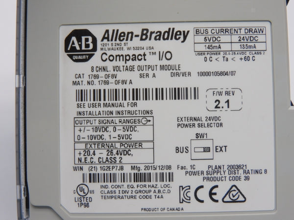 ALLEN BRADLEY 1769-OF8V SER. A F/W 2.1 VER. 07 24VDC NSMP