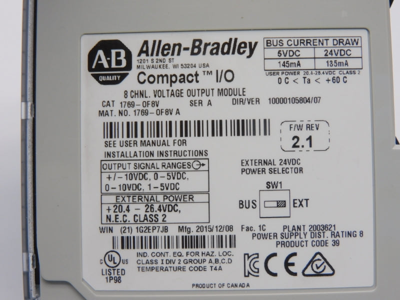 ALLEN BRADLEY 1769-OF8V SER. A F/W 2.1 VER. 07 24VDC NSMP