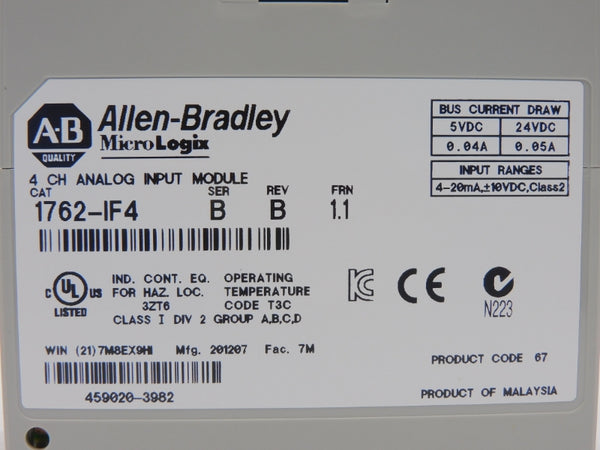 ALLEN BRADLEY 1762-IF4 SER. B F/W 1.1 REV. B 24VDC 0.05A NSMP
