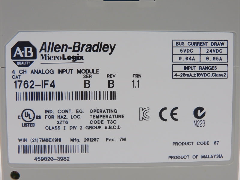ALLEN BRADLEY 1762-IF4 SER. B F/W 1.1 REV. B 24VDC 0.05A NSMP