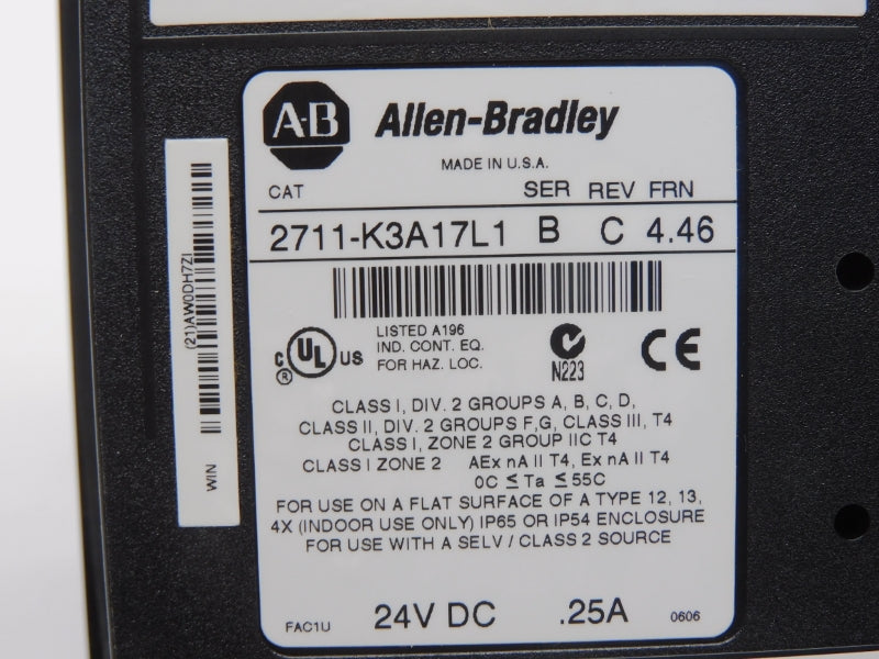 ALLEN BRADLEY 2711-K3A17L1 SER. B F/W 4.46 REV. C 24VDC .25A NSMP