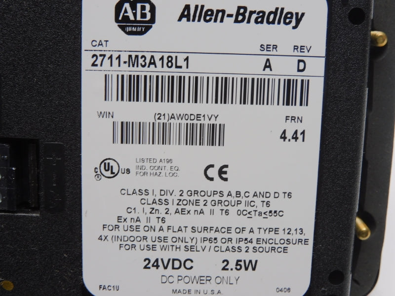 ALLEN BRADLEY 2711-M3A18L1 SER. A F/W 4.41 REV. D 24VDC NSMP