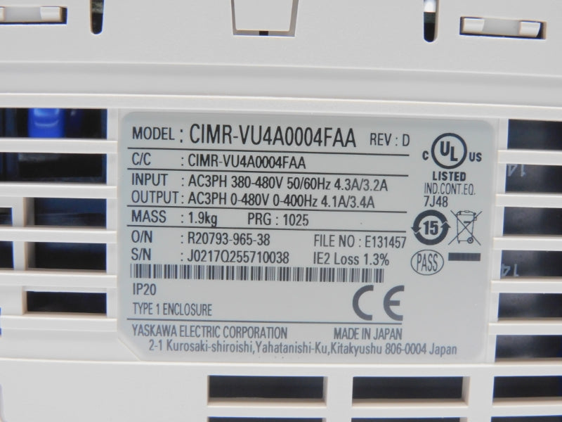 YASKAWA ELECTRIC CIMR-VU4A0004FAA REV. D 380-480V 4.3/3.2A NSMP