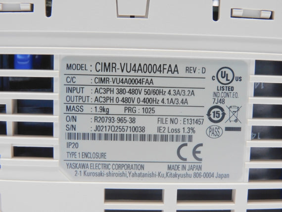 YASKAWA ELECTRIC CIMR-VU4A0004FAA REV. D 380-480V 4.3/3.2A NSMP