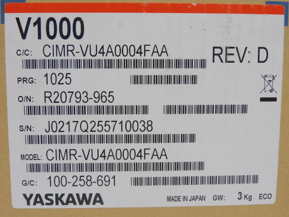 YASKAWA ELECTRIC CIMR-VU4A0004FAA REV. D 380-480V 4.3/3.2A NSMP