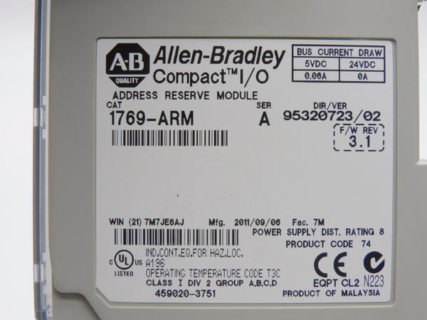 ALLEN BRADLEY 1769-ARM SER. A F/W 3.1 VER. 02 24VDC 0.06A NSNP