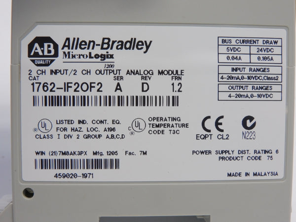 ALLEN BRADLEY 1762-IF2OF2 SER. A F/W 1.2 24VDC 0.105A REV. D NSNP