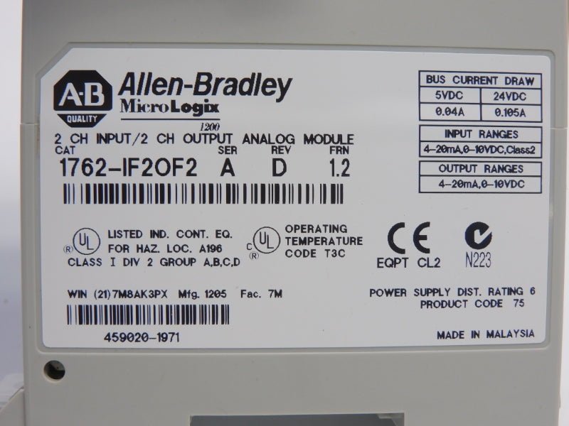 ALLEN BRADLEY 1762-IF2OF2 SER. A F/W 1.2 24VDC 0.105A REV. D NSNP