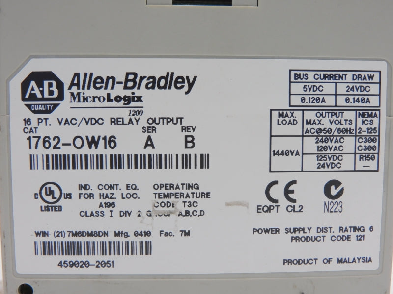 ALLEN BRADLEY 1762-OW16 SER. A REV. B 24VDC 0.140A (NO DOOR) UNMP