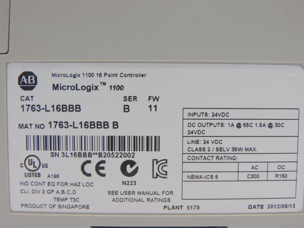 ALLEN BRADLEY 1763-L16BBB SER. B F/W 11 24VDC 1.5A NSNP