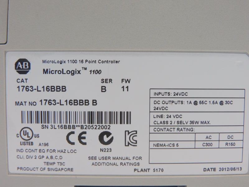 ALLEN BRADLEY 1763-L16BBB SER. B F/W 11 24VDC 1.5A NSNP