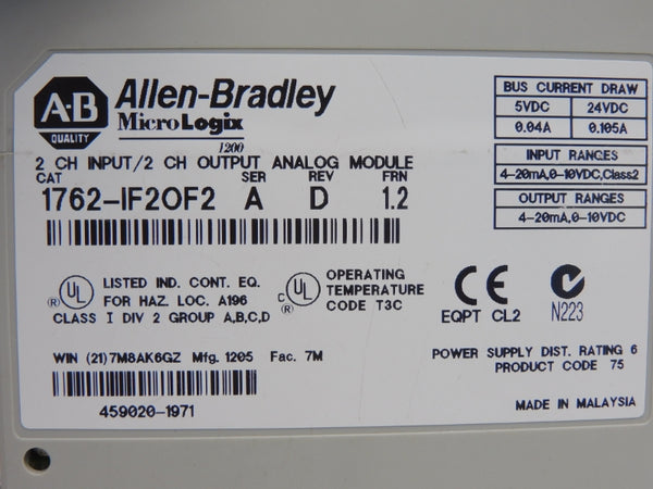 ALLEN BRADLEY 1762-IF2OF2 SER. A F/W 1.2 REV. D 24VDC 0.105A ( NO DOOR) NSNP