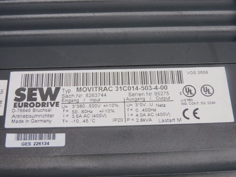 SEW EURODRIVE 31C014-503-4-00 8263744 380-500V 4.0A (AS PICTURED) UNMP