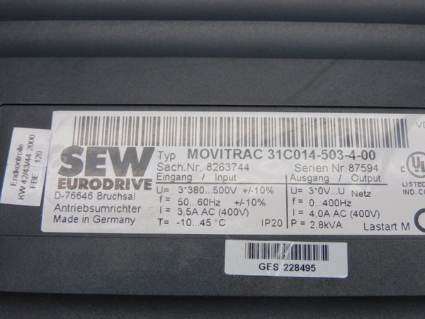 SEW EURODRIVE 31C014-503-4-00 8263744 380-500V 4.0A (AS IS) UNMP