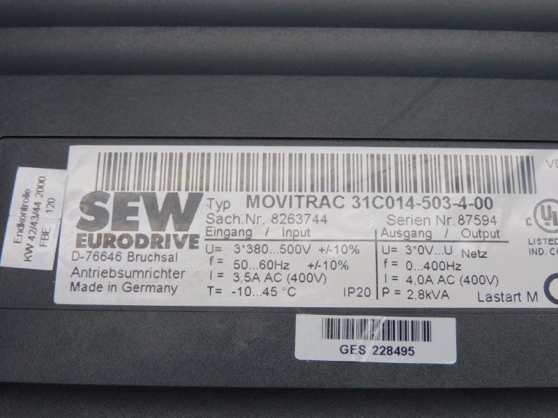 SEW EURODRIVE 31C014-503-4-00 8263744 380-500V 4.0A (AS IS) UNMP