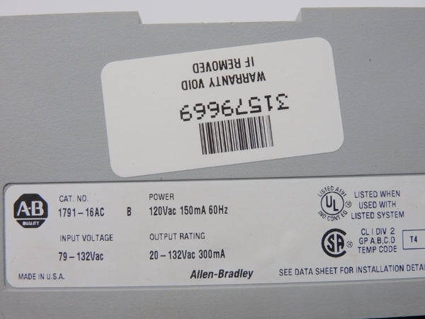 ALLEN BRADLEY 1791-16AC SER. B 79-132VAC (NO DOOR) UNMP
