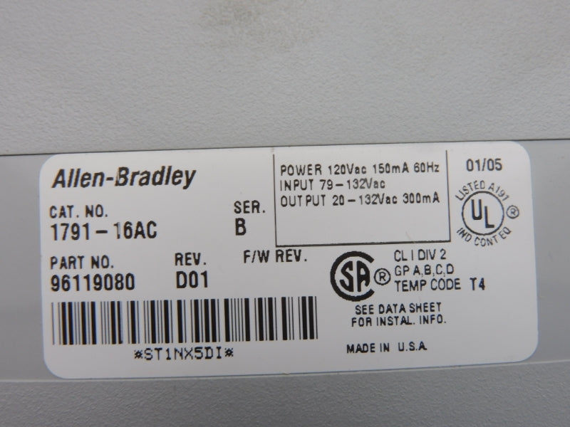 ALLEN BRADLEY 1791-16AC SER. B REV. D01 79-132VAC (NO DOOR) UNMP