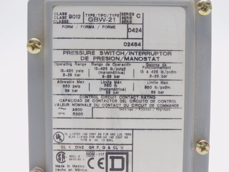 SQUARE D 9012GBW21 SER. C 13-425PSI NSNP