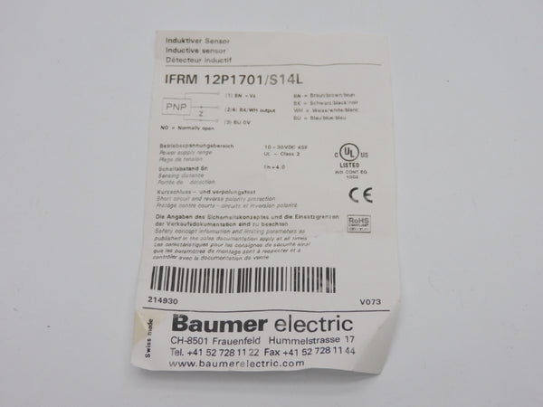 BAUMER ELECTRIC IFRM12P1701/S14L 10-30VDC NSNP