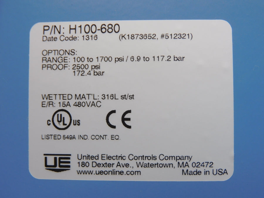 UNITED ELECTRIC H100-680 480VAC 15A 100-1700PSI NSNP