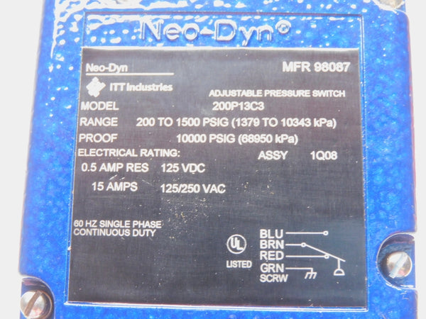 ITT 200P13C3 125/250VAC 15A 200-1500PSI NSMP