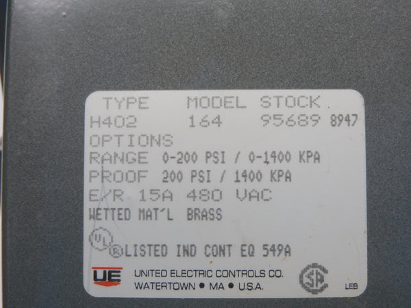 UNITED ELECTRIC H402-164 480VAC 15A 0-200PSI NSMP