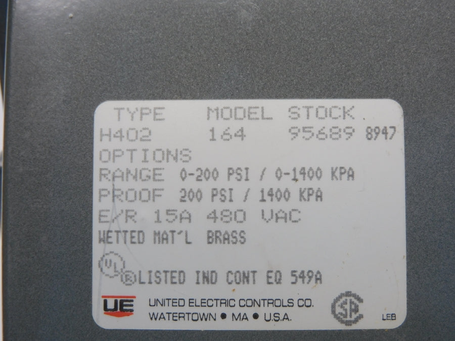 UNITED ELECTRIC H402-164 480VAC 15A 0-200PSI NSMP