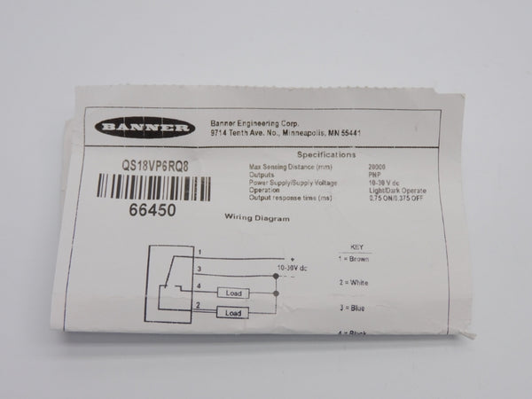 BANNER ENGINEERING QS18VP6RQ8 64450 10-30VDC NSNP