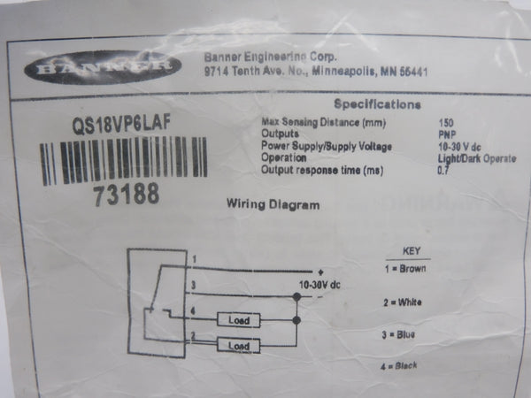 BANNER ENGINEERING QS18VP6LAF 73188 10-30VDC NSMP