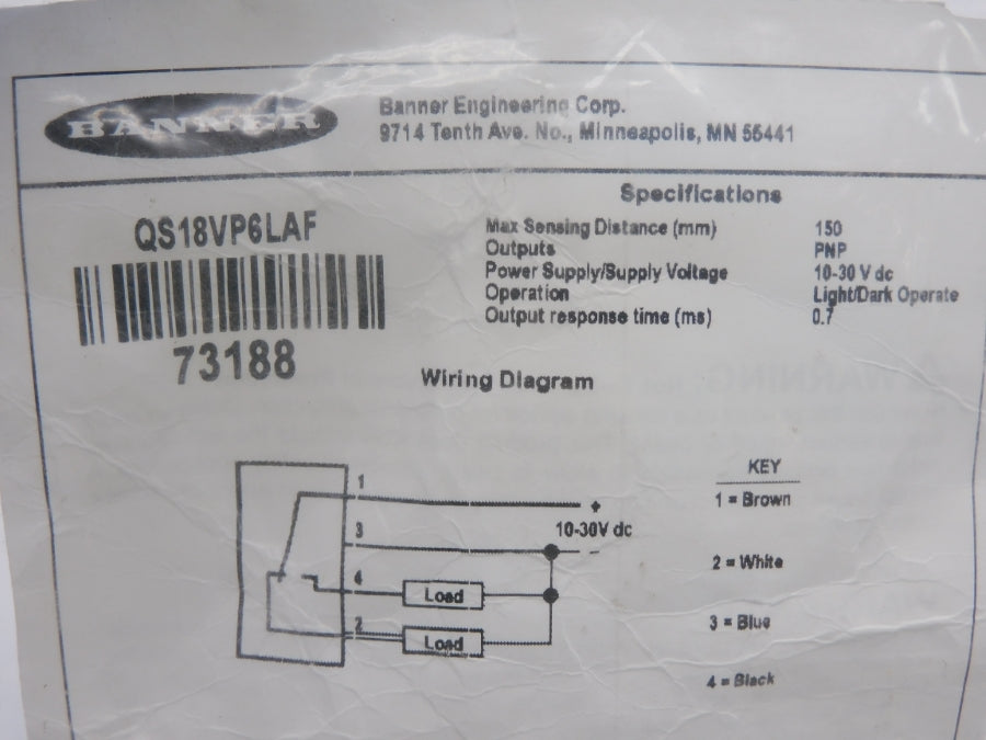 BANNER ENGINEERING QS18VP6LAF 73188 10-30VDC NSMP